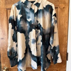 Zara Button-Down Shirt in Beige and Navy watercolor Print